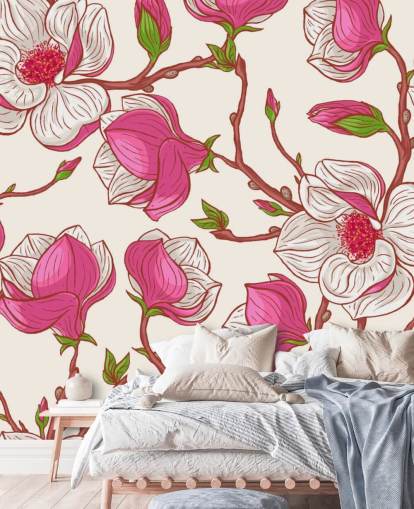 Carta da parati con magnolie rosa e bianche