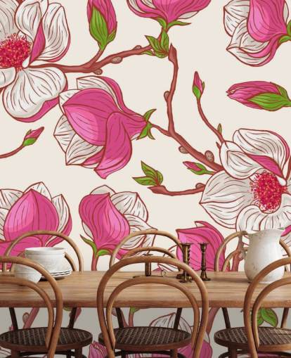 Rosa und weiße Magnolien bemalte Tapete Rosa und weiße Magnolien bemalte Tapete