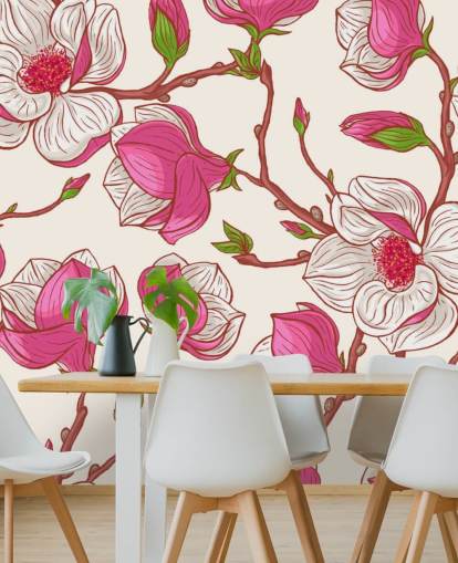 Carta da parati con magnolie rosa e bianche