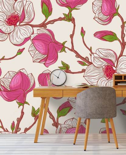 Papel de parede de magnólias rosa e brancas