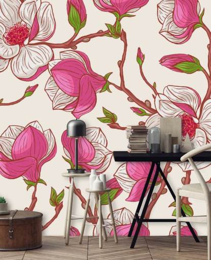 Rosa und weiße Magnolien bemalte Tapete