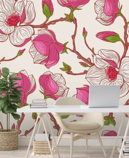 Rosa und weiße Magnolien bemalte Tapete