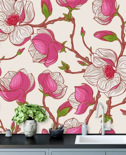 Rosa und weiße Magnolien bemalte Tapete
