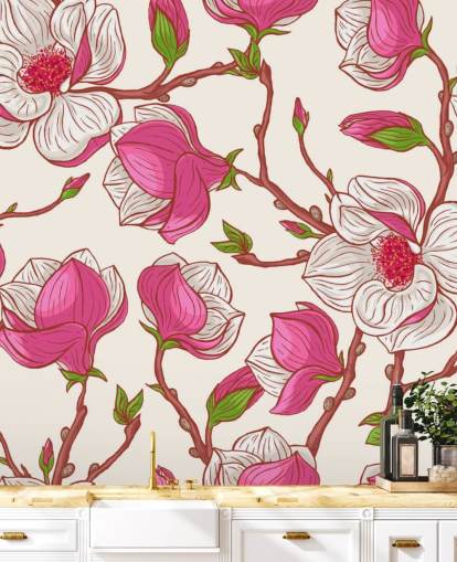Roze en witte Magnolia's behang