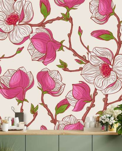 Papel de parede de magnólias rosa e brancas Papel de parede de magnólias rosa e brancas