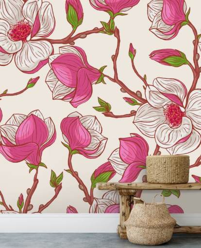 Roze en witte Magnolia's behang