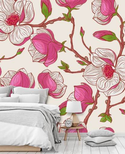 Carta da parati con magnolie rosa e bianche