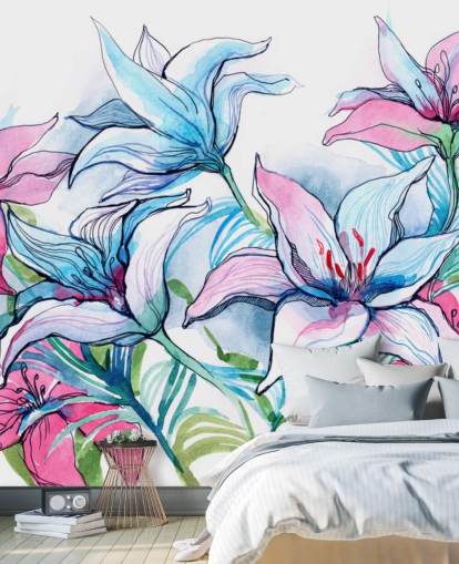 Papel de parede floral de lírios roxos e rosa