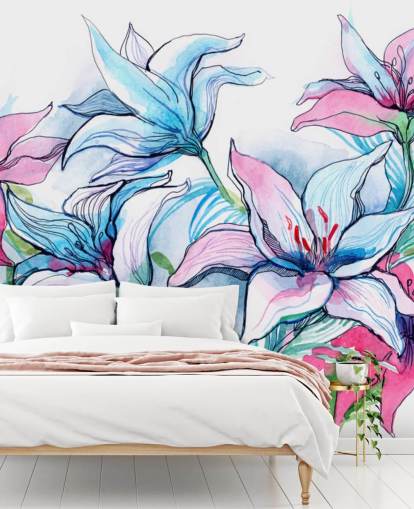 Paarse en roze lelies bloemenbehang