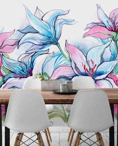 Papel pintado floral de lirios morados y rosas