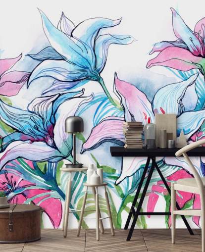 Papel de parede floral de lírios roxos e rosa