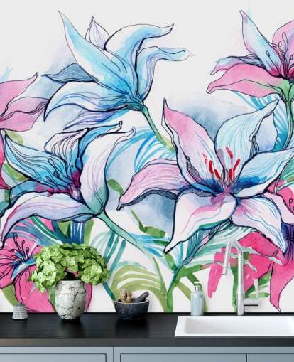 Paarse en roze lelies bloemenbehang