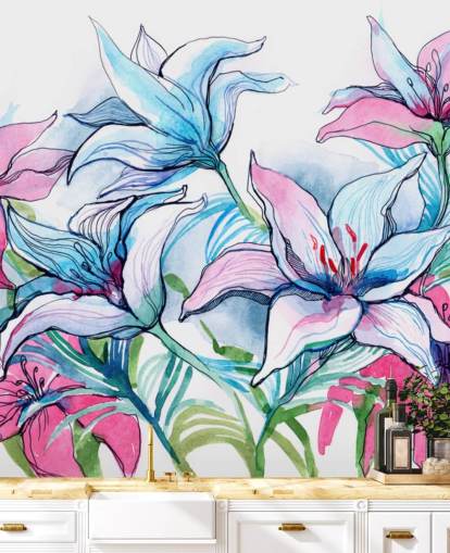 Paarse en roze lelies bloemenbehang