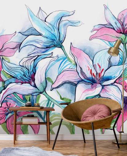 Papel de parede floral de lírios roxos e rosa