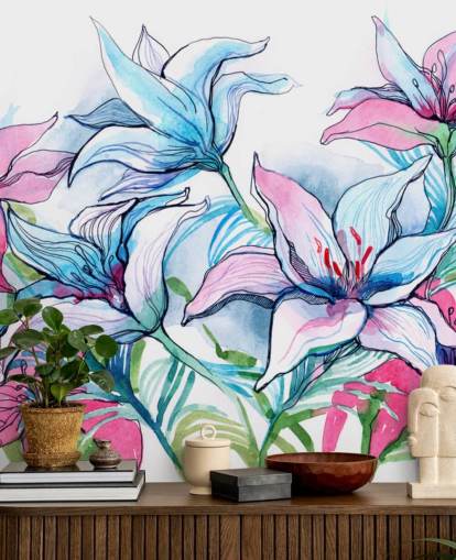 Papel pintado floral de lirios morados y rosas