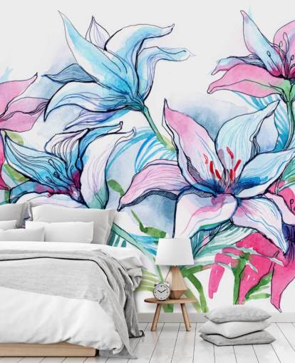 Paarse en roze lelies bloemenbehang Paarse en roze lelies bloemenbehang