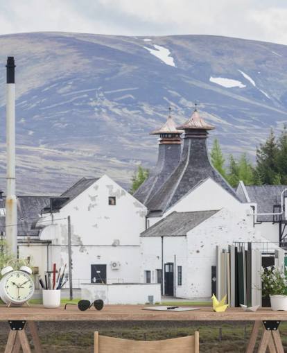 White Distillery in Scottish Valley Wallpaper