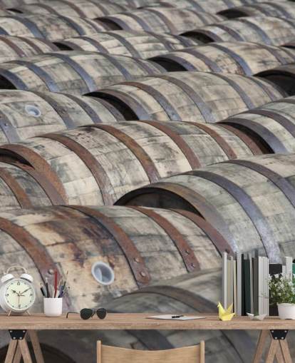 Rijen whiskey barrels behang