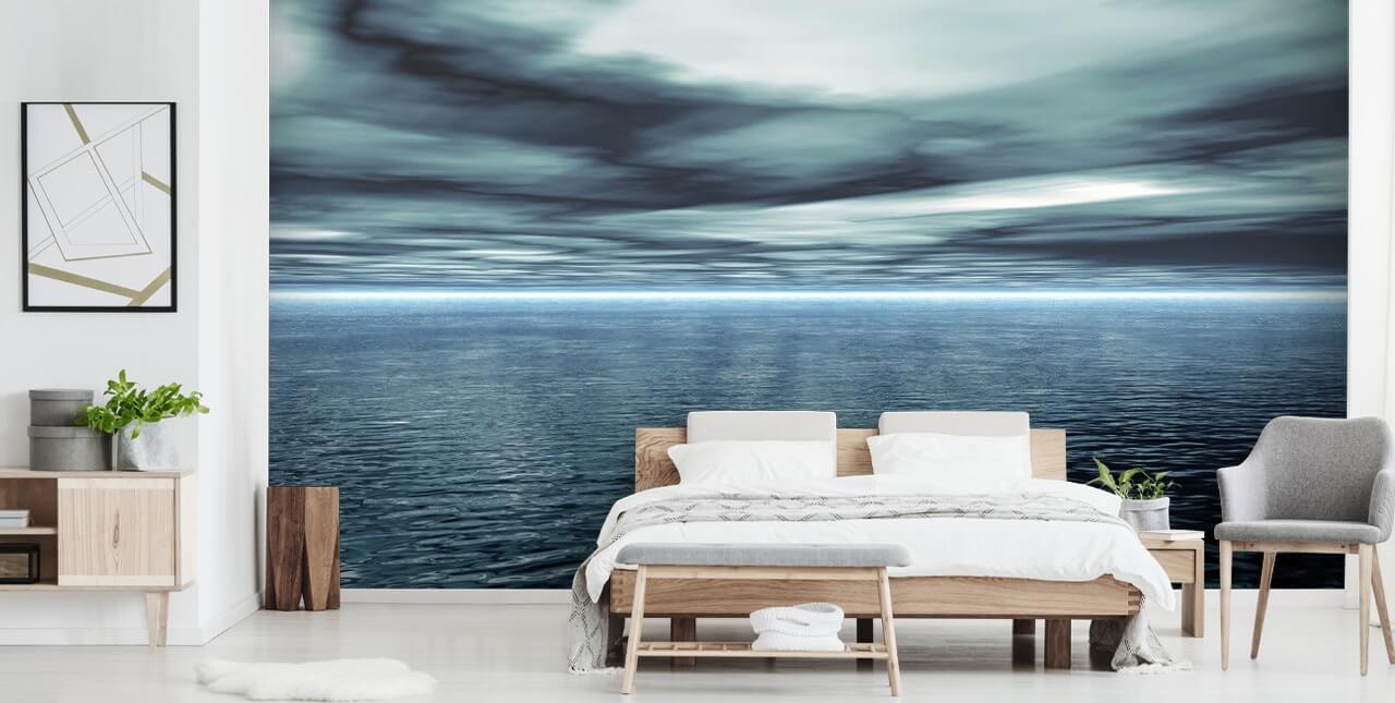 Cloudy Grey Sky and Calm Ocean Wallpaper