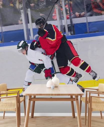 levendige ijshockeymuurschildering genaamd Ice Hockey Heavy Tackle voor kinderkamers en hockeyclubs