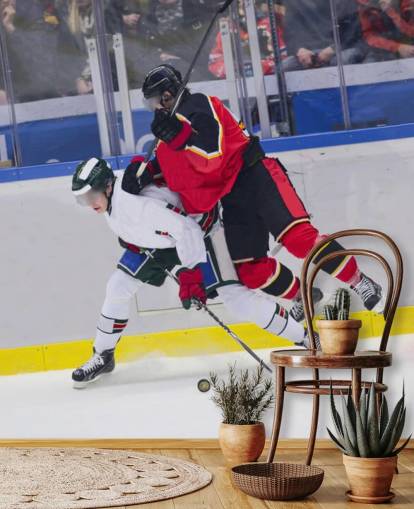 vibrant ice hockey wallpaper mural called Ice Hockey Heavy Tackle for kids bedrooms and hockey clubs