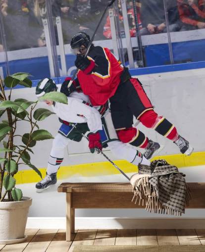 elävä jääkiekkotaustakuvamaalaus nimeltä Ice Hockey Heavy Tackle lasten makuuhuoneisiin ja jääkiekkoseuroihin