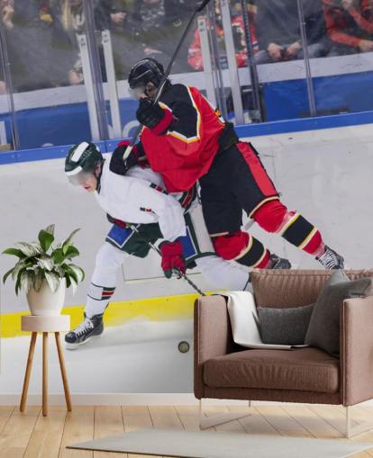 vibrant ice hockey wallpaper mural called Ice Hockey Heavy Tackle for kids bedrooms and hockey clubs