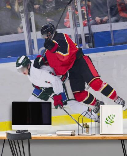 mural vibrante de papel de parede de hóquei no gelo chamado Ice Hockey Heavy Tackle para quartos infantis e clubes de hóquei mural vibrante de papel de parede de hóquei no gelo chamado Ice Hockey Heavy Tackle para quartos infantis e clubes de hóquei
