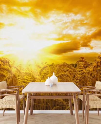 Decorazione murale con tramonto dorato nel campo di grano