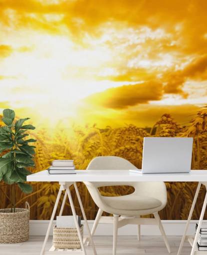 Gouden zonsondergang in muurschildering van tarweveld