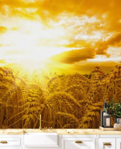 Kultainen auringonlasku vehnäkentän seinämaalauksessa