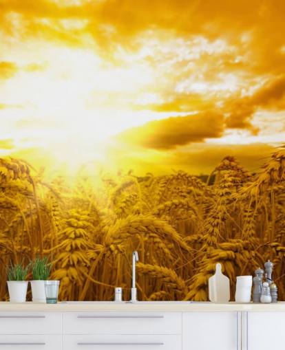 Decorazione murale con tramonto dorato nel campo di grano