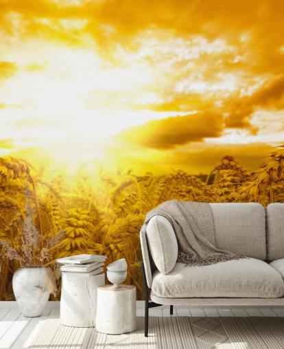 Decorazione murale con tramonto dorato nel campo di grano Decorazione murale con tramonto dorato nel campo di grano