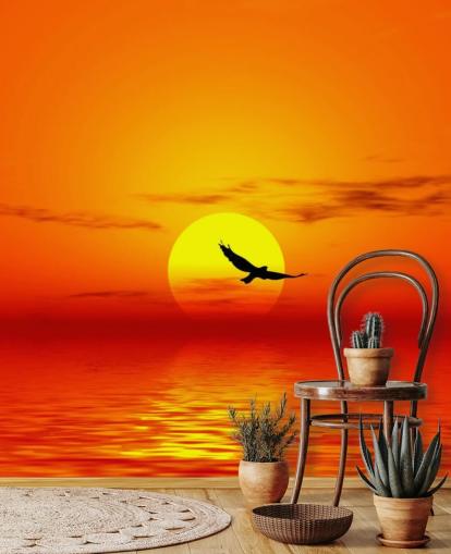 Bird Flying Over Ocean at Sunset Wall Mural