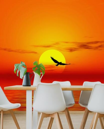 Fugl flyr over havet ved solnedgang veggmaleri Fugl flyr over havet ved solnedgang veggmaleri