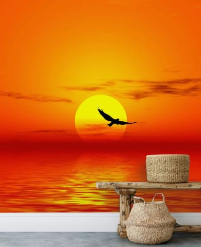 Fugl flyr over havet ved solnedgang veggmaleri Fugl flyr over havet ved solnedgang veggmaleri