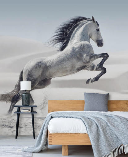 Leaping White Horse in verschneiter Landschaft Wallpaper