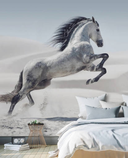 Leaping White Horse in Snowy Landscape Wallpaper Leaping White Horse in Snowy Landscape Wallpaper