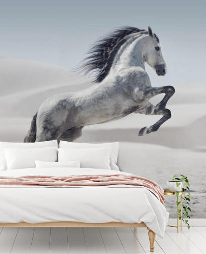 Caballo blanco saltando en el fondo de pantalla de paisaje nevado