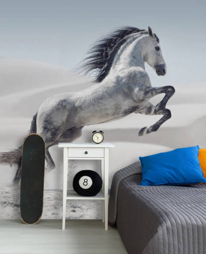 Papel de Parede Pulando de Cavalo Branco em Paisagem Nevada