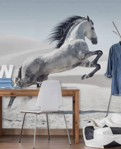 Leaping White Horse in Snowy Landscape Wallpaper Leaping White Horse in Snowy Landscape Wallpaper