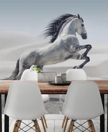 Springende Hvid Hest i Snowy Landskab Baggrund Springende Hvid Hest i Snowy Landskab Baggrund