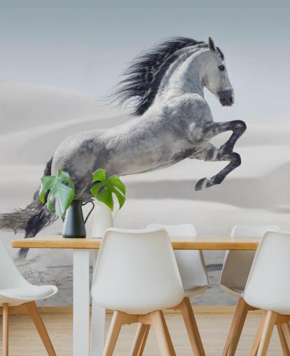 Leaping White Horse in Snowy Landscape Wallpaper