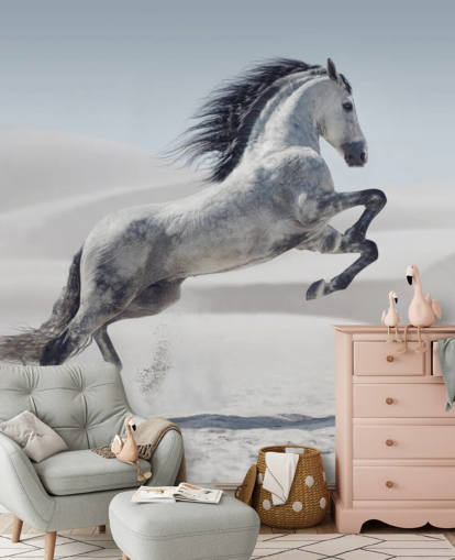 Leaping White Horse in Snowy Landscape Wallpaper