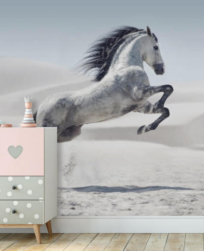 Leaping White Horse in verschneiter Landschaft Wallpaper Leaping White Horse in verschneiter Landschaft Wallpaper
