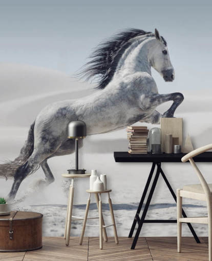 Leaping White Horse in Snowy Landscape Wallpaper