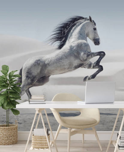 Leaping White Horse in Snowy Landscape Wallpaper