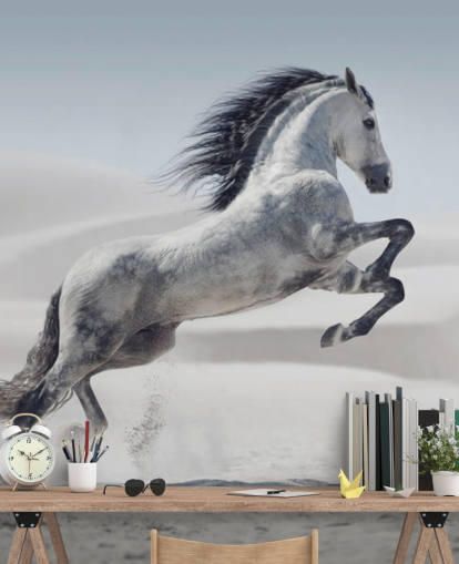 Leaping White Horse in Snowy Landscape Wallpaper Leaping White Horse in Snowy Landscape Wallpaper