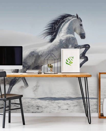 Springende Hvid Hest i Snowy Landskab Baggrund