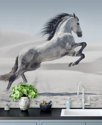 Caballo blanco saltando en el fondo de pantalla de paisaje nevado